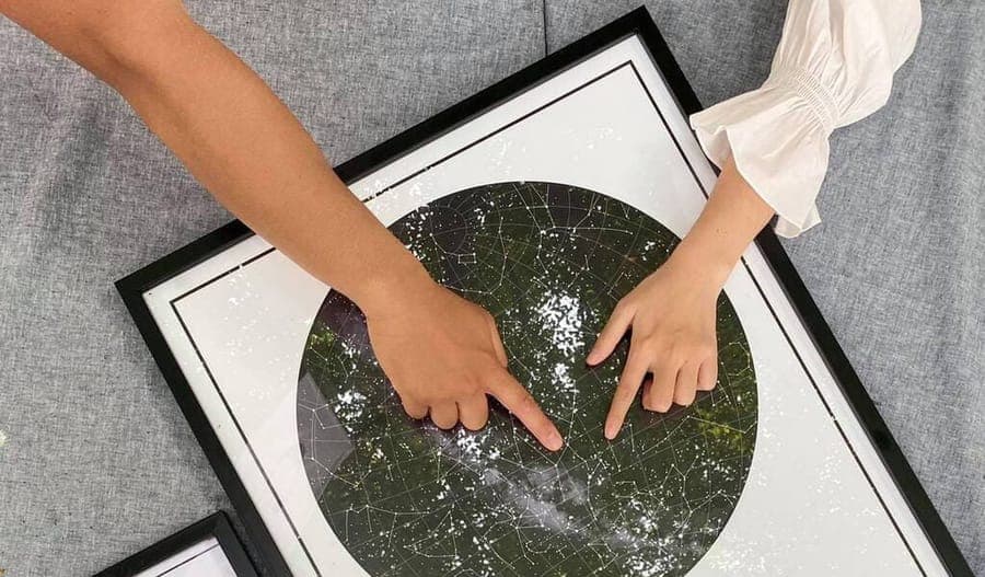 Two hands pointing at stars on a framed star map
